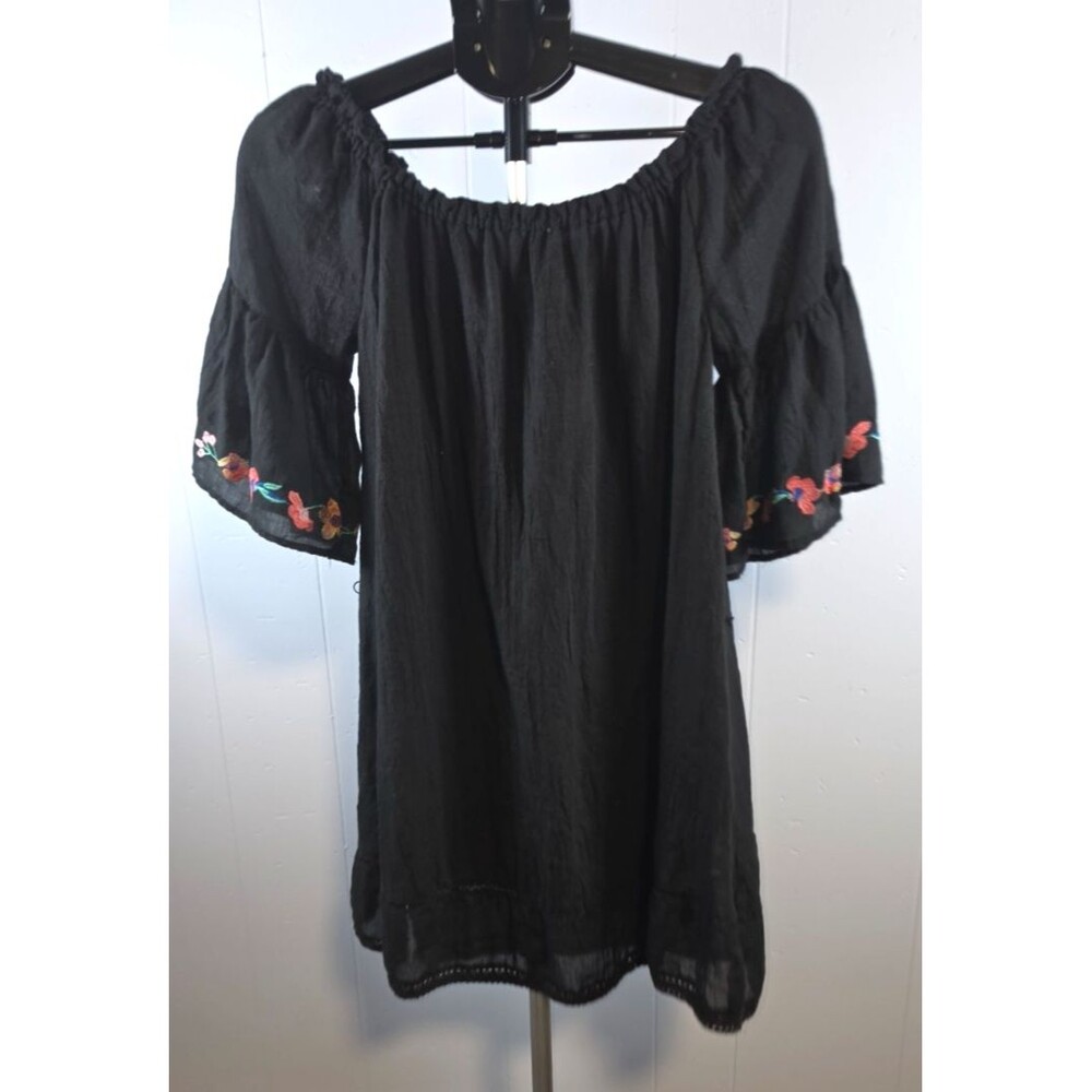Umgee USA Black Bohemian Boho Pheasant Floral Embroidered Dress Medium M - Picture 2 of 4